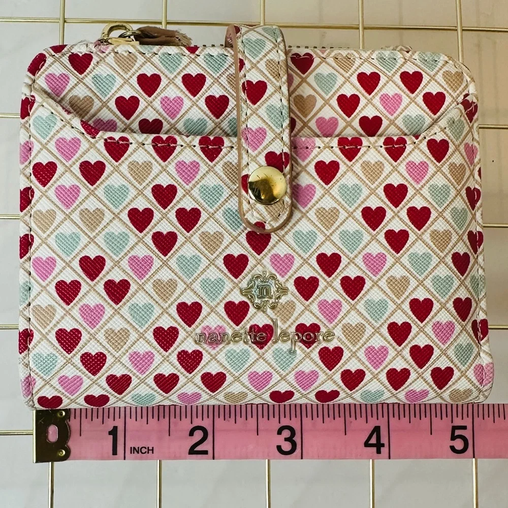 Nanette Lepore Hearts Bifold Wallet in Vegan Leather Red Pink Hearts
